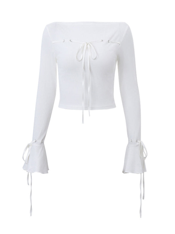 Women's Bow Tie Thread Slim Fit Flared Long Sleeves White