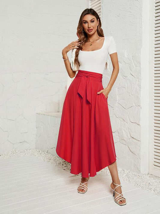 Women's solid color fashionable solid color artistic lace-up skirt Red