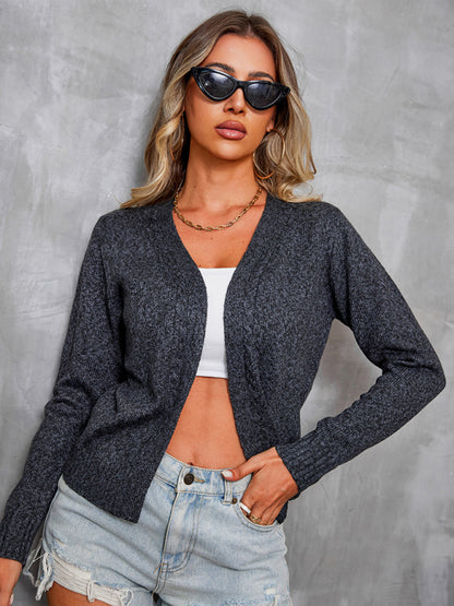 Women's casual solid color collarless long-sleeved cardigan top Black