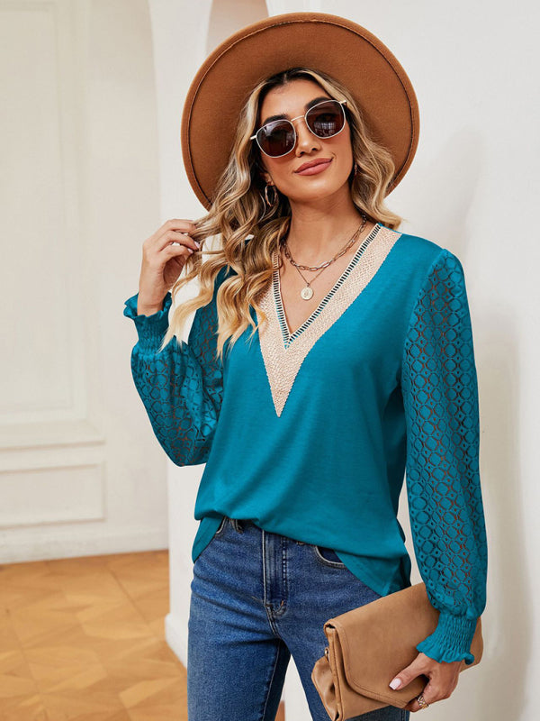 V-neck lace patchwork hollow long-sleeved loose top T-shirt Blue