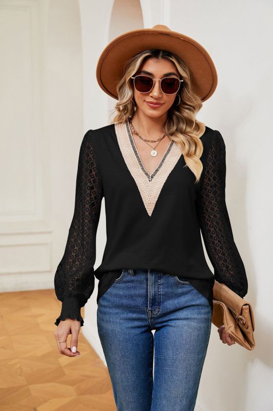 V-neck lace patchwork hollow long-sleeved loose top T-shirt Black