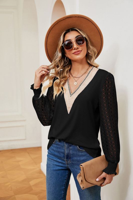 V-neck lace patchwork hollow long-sleeved loose top T-shirt Black