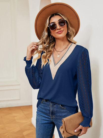 V-neck lace patchwork hollow long-sleeved loose top T-shirt Purplish blue navy