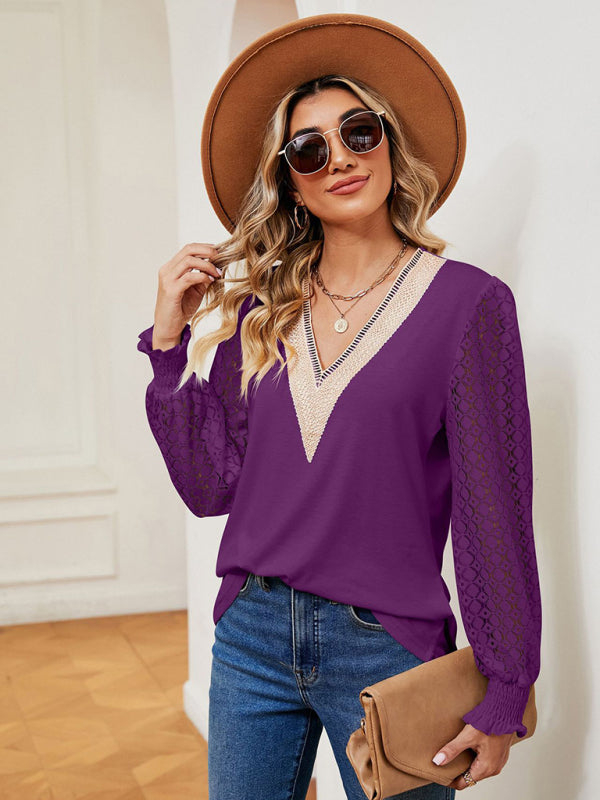 V-neck lace patchwork hollow long-sleeved loose top T-shirt Purple