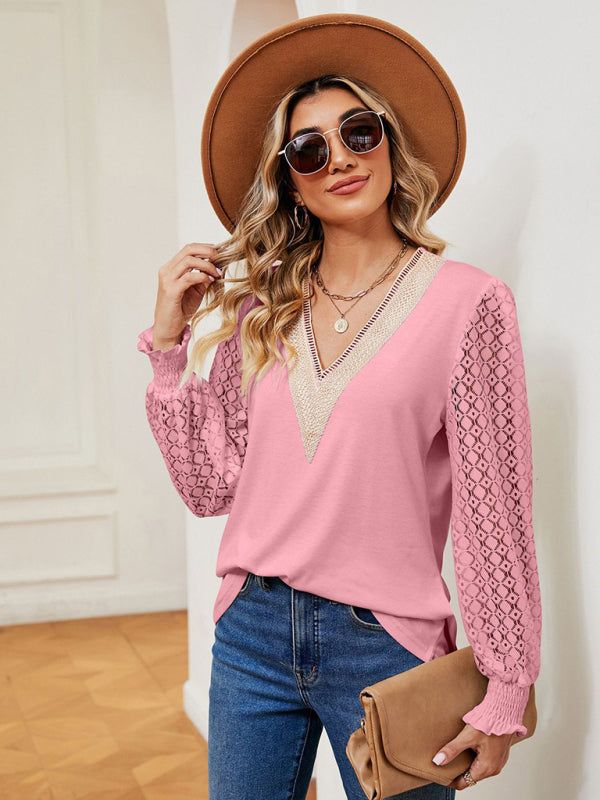 V-neck lace patchwork hollow long-sleeved loose top T-shirt Pink