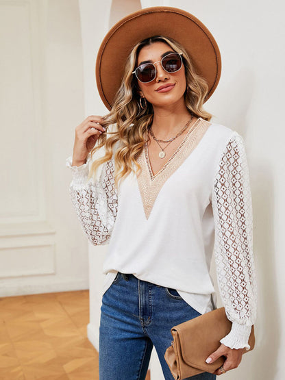 V-neck lace patchwork hollow long-sleeved loose top T-shirt White