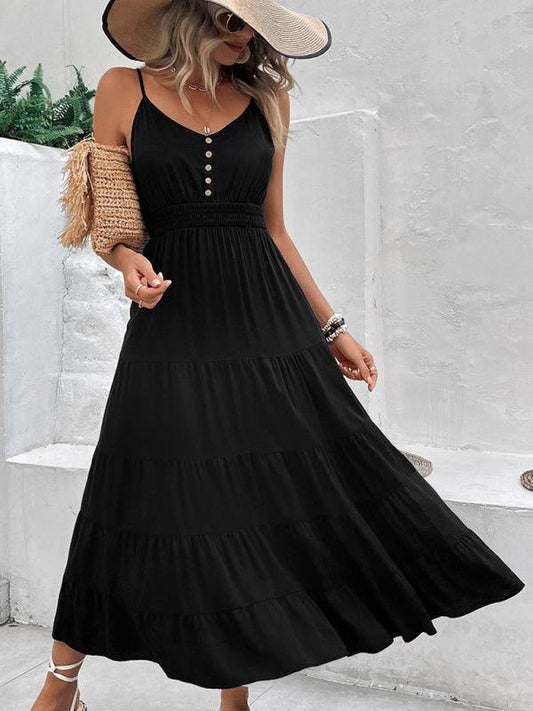 Women's new black suspender midi dress Black