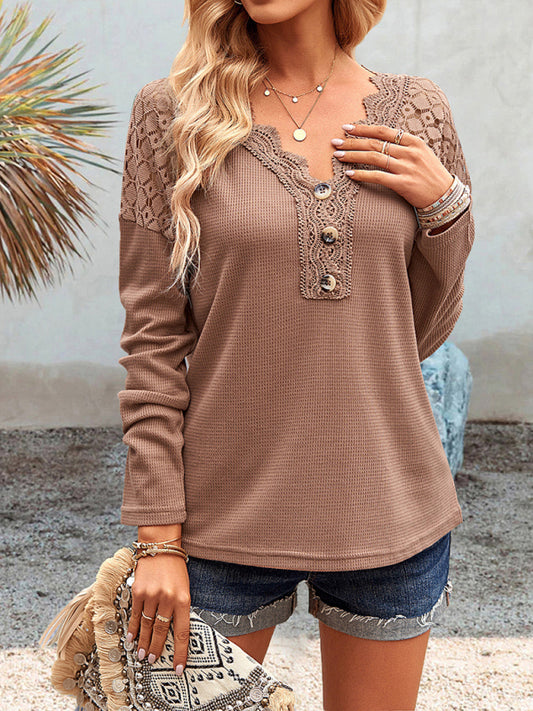 Women's casual lace V-neck buttoned knit top Brown