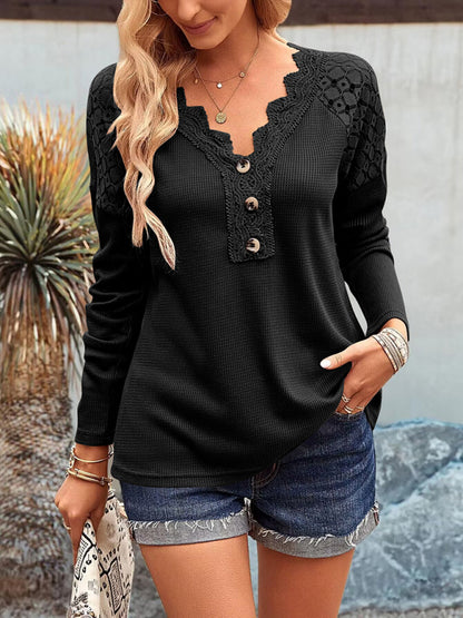 Women's casual lace V-neck buttoned knit top Black