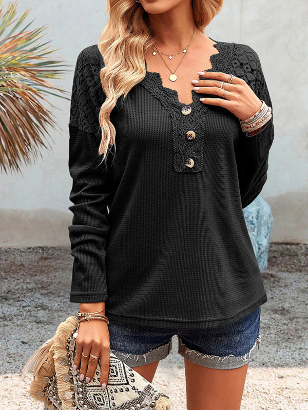 Women's casual lace V-neck buttoned knit top Black