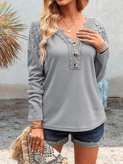 Women's casual lace V-neck buttoned knit top Grey