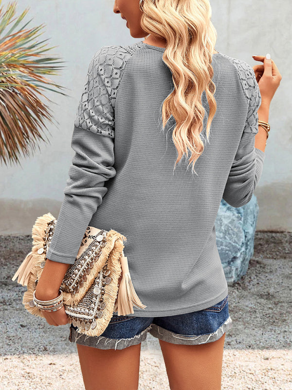 Women's casual lace V-neck buttoned knit top Grey