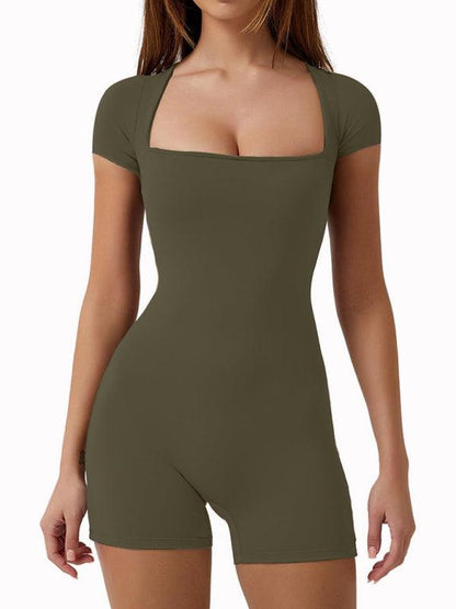 New yoga tight-fitting shoulder sleeve sports jumpsuit shorts Olive green