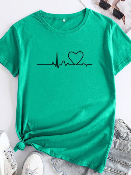 New women's casual short-sleeved T-shirt with love pattern Deep green