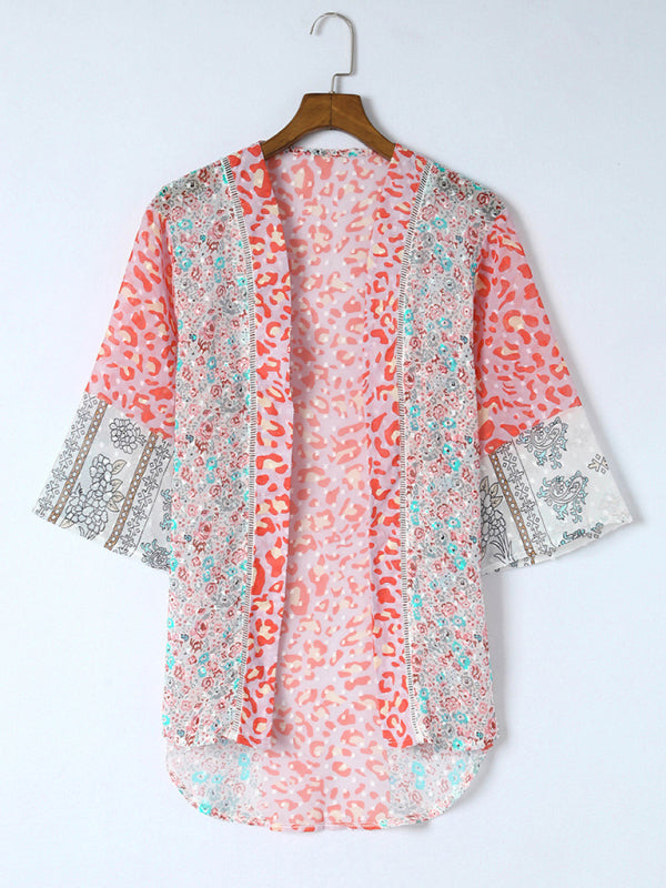 New plant floral print chiffon shirt casual buttonless cardigan top Pastel pink