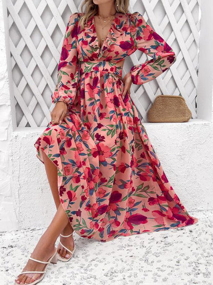 New women's V-neck ruffled waist hollow holiday casual printed dress Pink