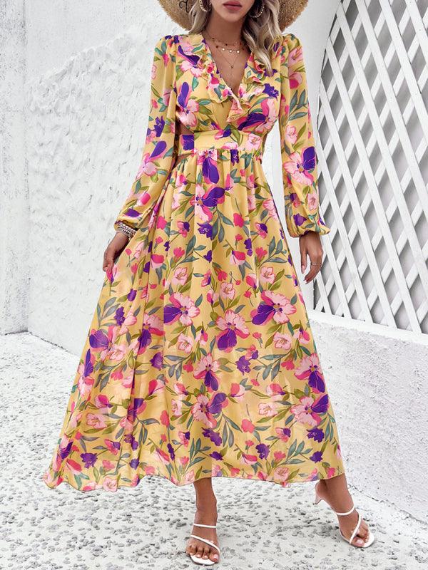 New women's V-neck ruffled waist hollow holiday casual printed dress Yellow