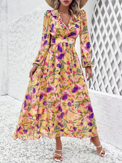 New women's V-neck ruffled waist hollow holiday casual printed dress Yellow