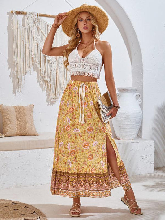 New casual bohemian printed waist drawstring skirt Yellow