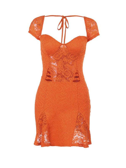 New sexy hot girl slim lace short sleeve dress Orange