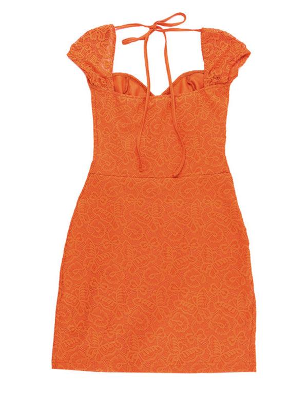 New sexy hot girl slim lace short sleeve dress Orange