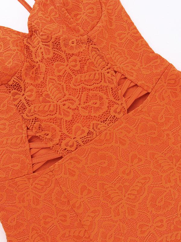 New sexy hot girl slim lace short sleeve dress Orange