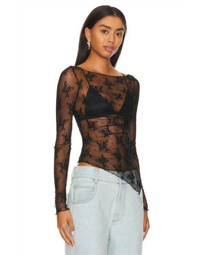 New mesh sexy see-through small stand-up collar long-sleeved lace shirt Black