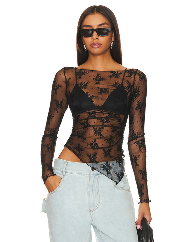 New mesh sexy see-through small stand-up collar long-sleeved lace shirt Black