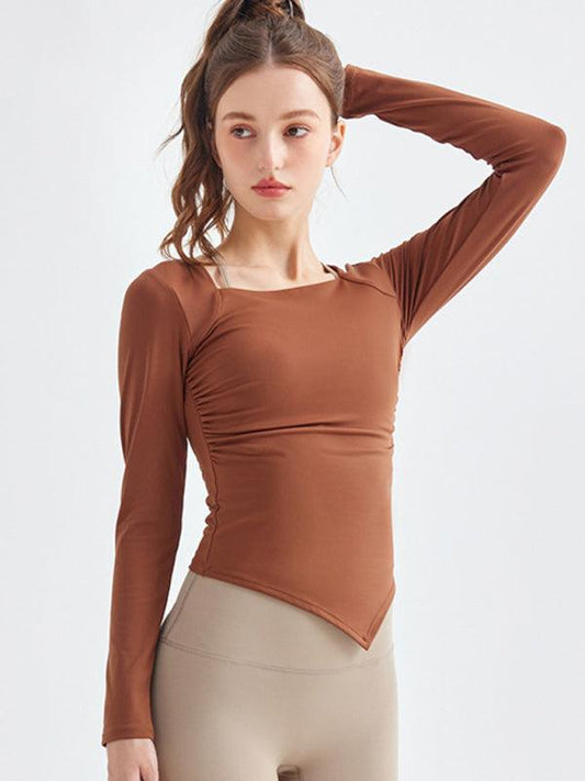 New square collar irregular hem sports long-sleeved quick-drying running fitness yoga clothing Brown