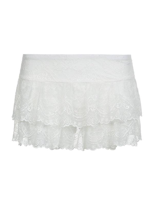 Women's solid color high waist stretch double layer lace cake skirt dance mini skirt pants White