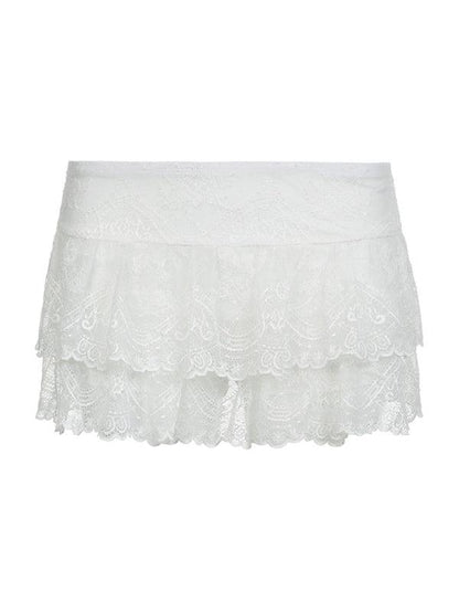 Women's solid color high waist stretch double layer lace cake skirt dance mini skirt pants White