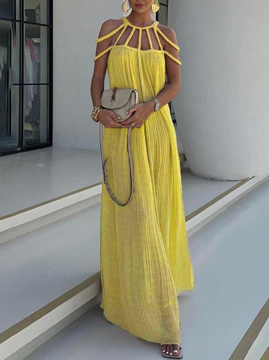 New casual drawstring holiday loose fashion dress Yellow FREESIZE