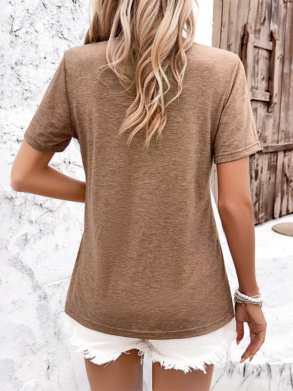 Women's casual solid color short-sleeved T-shirt tops Khaki