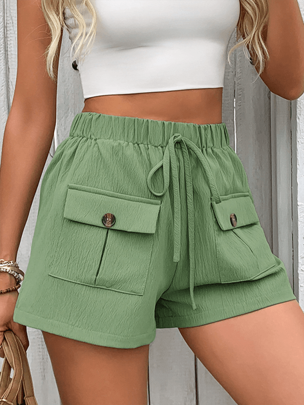 New double pocket casual elastic waist tie shorts Green