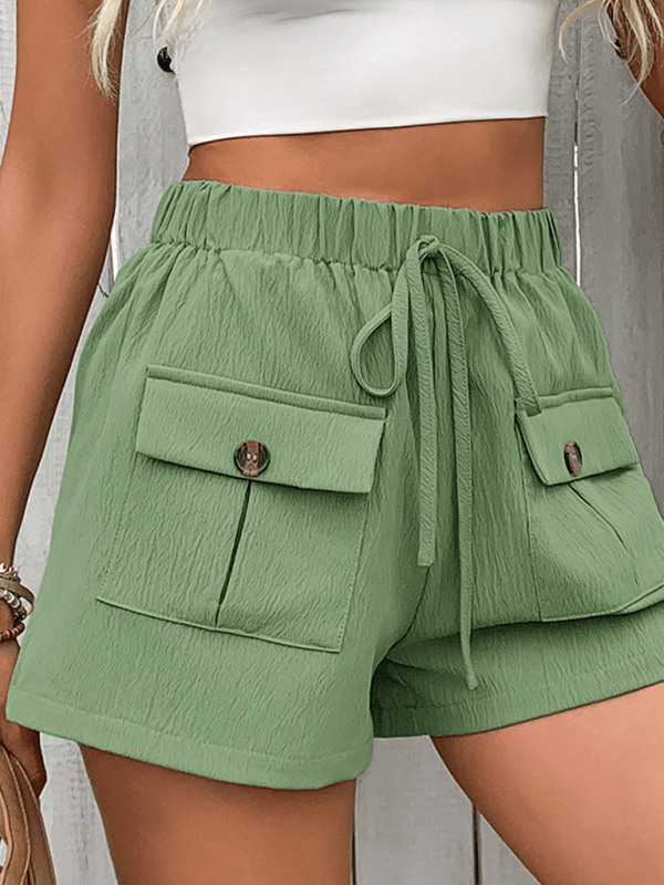 New double pocket casual elastic waist tie shorts Green