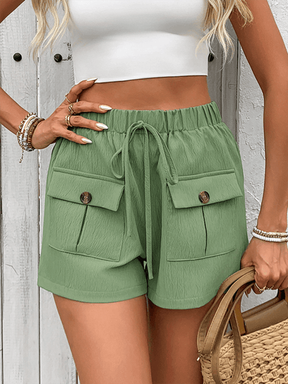 New double pocket casual elastic waist tie shorts Green