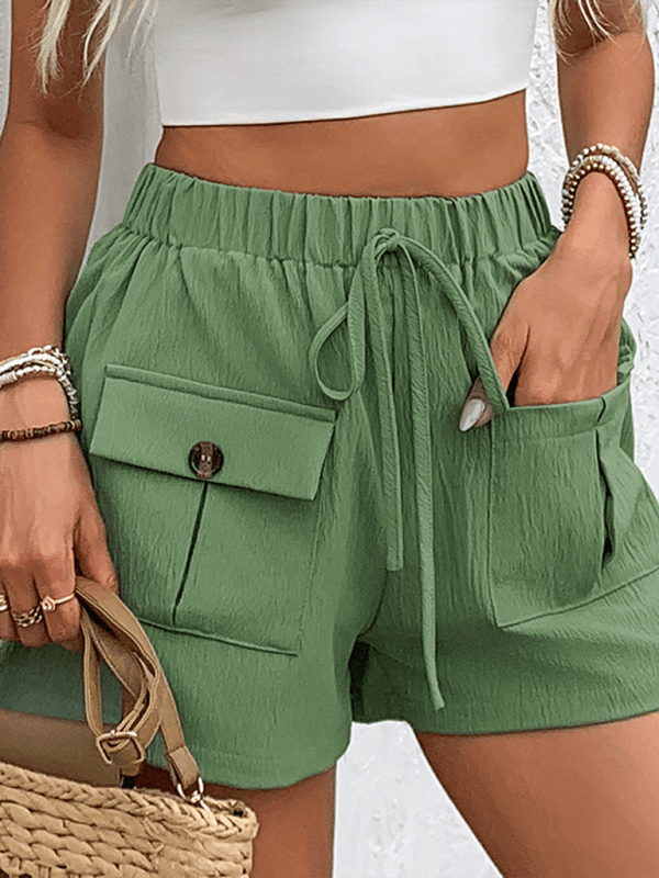 New double pocket casual elastic waist tie shorts Green