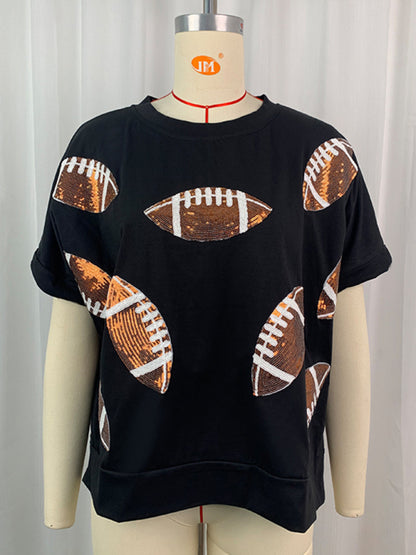 Casual Summer Sequined Rugby Round Neck Pullover T-Shirt Short Sleeve Top Rose