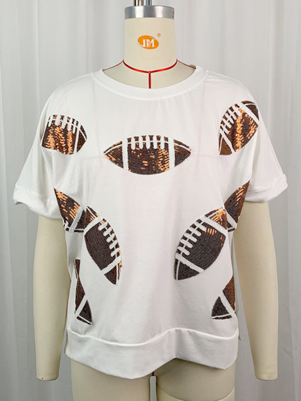 Casual Summer Sequined Rugby Round Neck Pullover T-Shirt Short Sleeve Top White