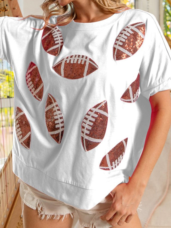 Casual Summer Sequined Rugby Round Neck Pullover T-Shirt Short Sleeve Top White