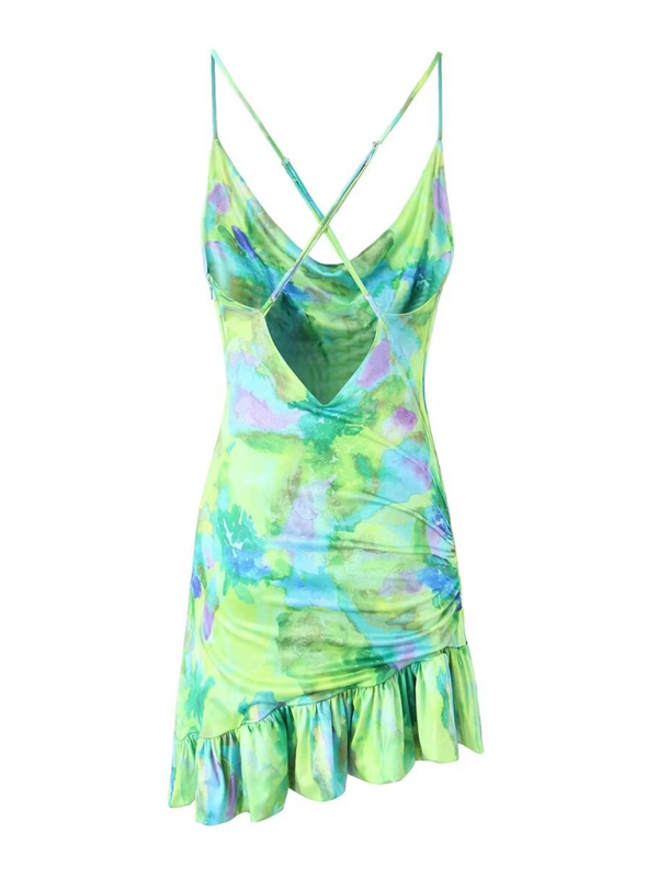 New high elastic printed irregular suspender dress Green