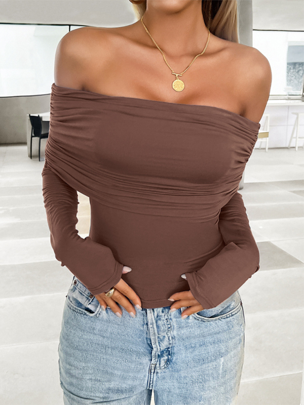 Women's casual solid color pullover one shoulder top Brown