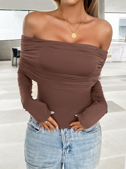 Women's casual solid color pullover one shoulder top Brown