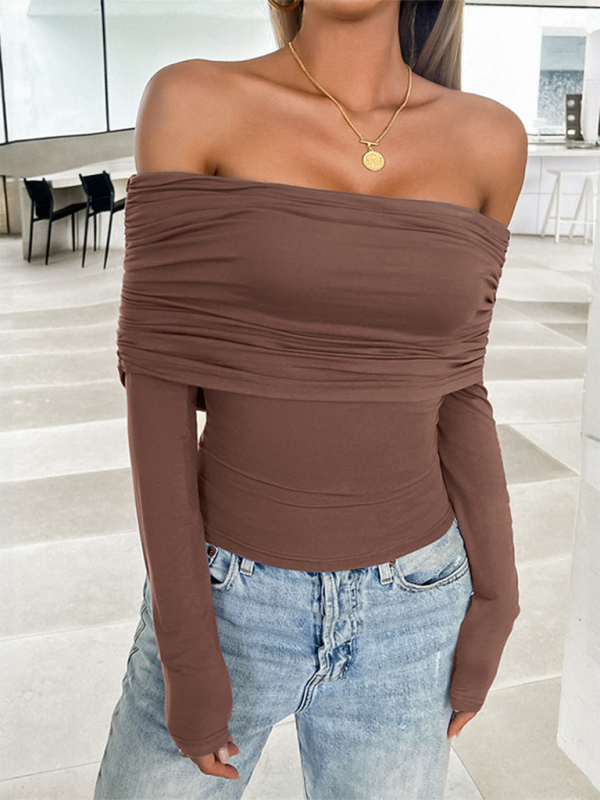 Women's casual solid color pullover one shoulder top Brown