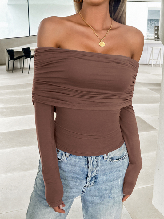 Women's casual solid color pullover one shoulder top Brown