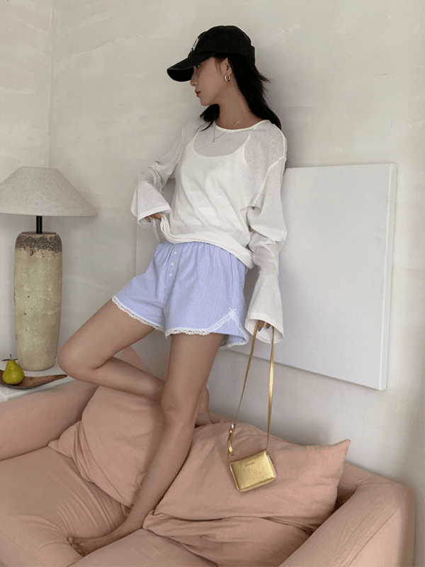 Women's lace shorts wear elastic waist striped casual pants Blue FREESIZE