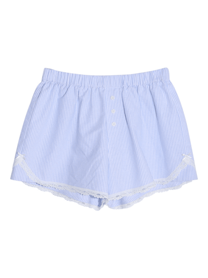 Women's lace shorts wear elastic waist striped casual pants Blue FREESIZE