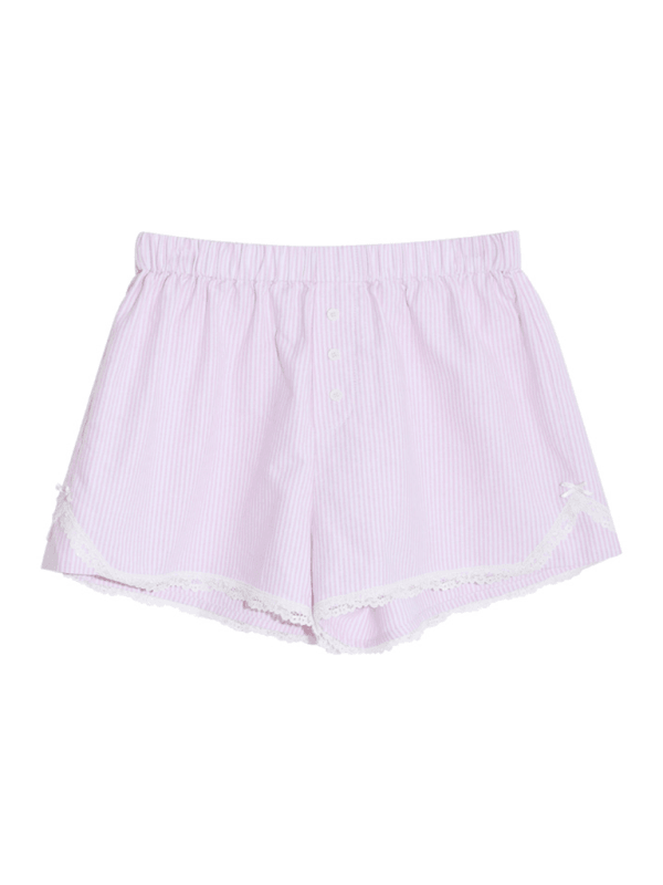 Women's lace shorts wear elastic waist striped casual pants Pink FREESIZE