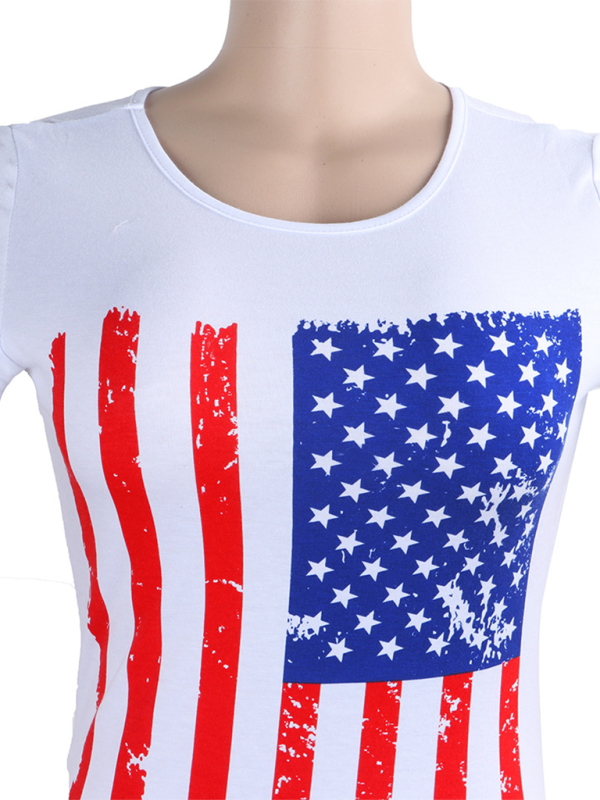 Fashion round neck slim fit American flag short sleeve top White