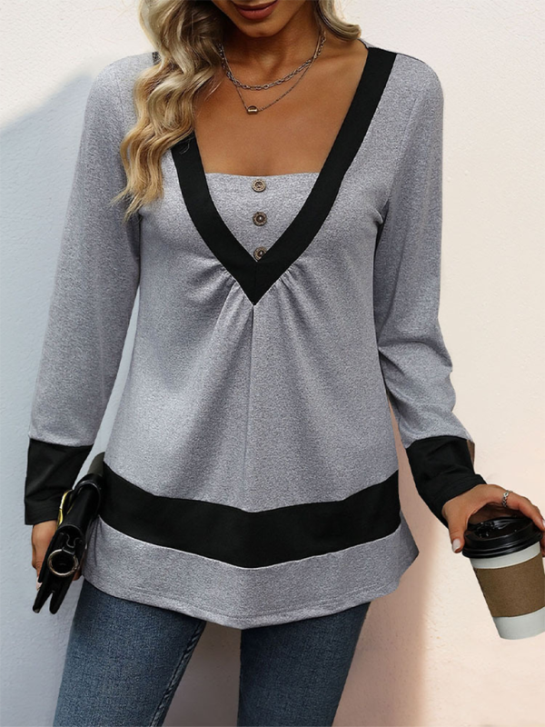 New simple solid color long-sleeved T-shirt color matching contrast casual home tops Misty grey